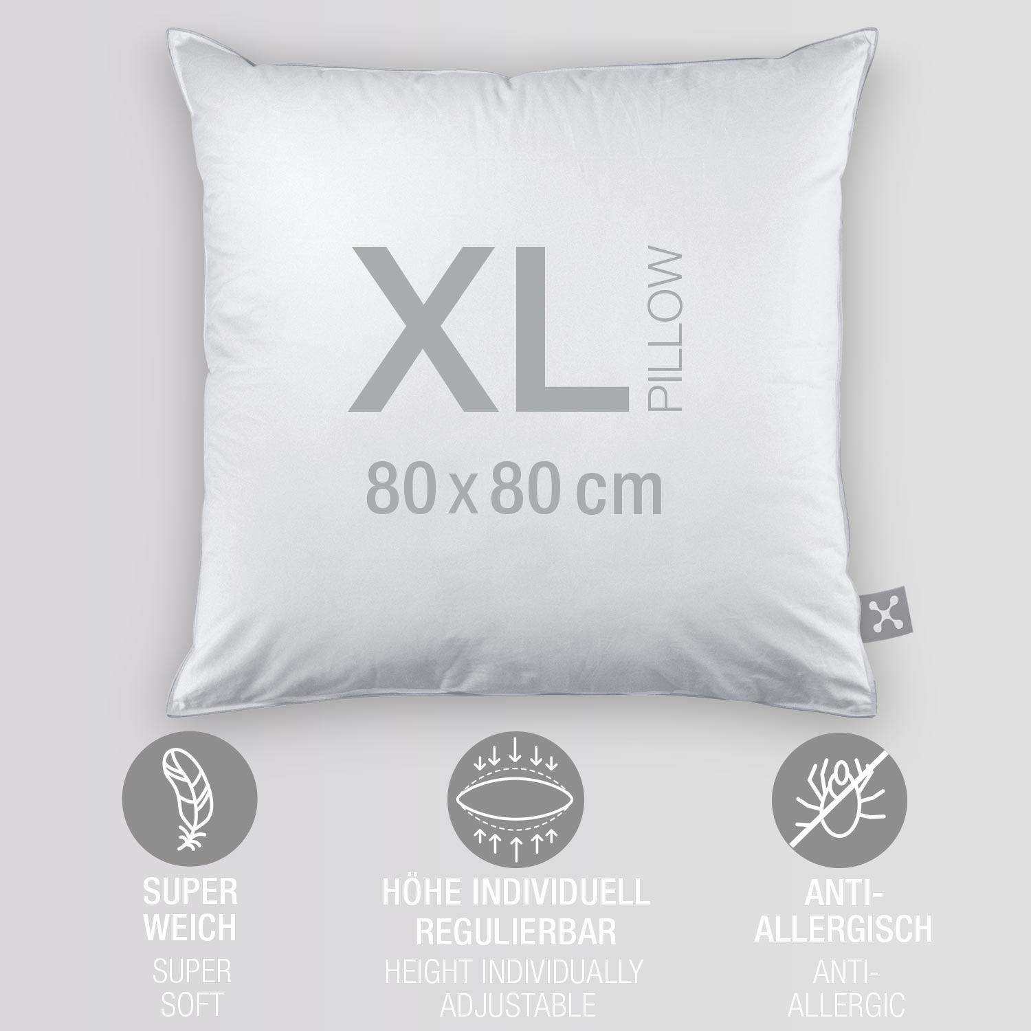 Eigenschaften des smart® Soft Pillow in der Größe Extra Large 80 x 80 cm, weiches nachhaltiges Kissen mit PrimaLoft Bio Füllung aus Recyclingfasern mit anpassbarer Kissenhöhe für einen hohen Schlaf-Komfort