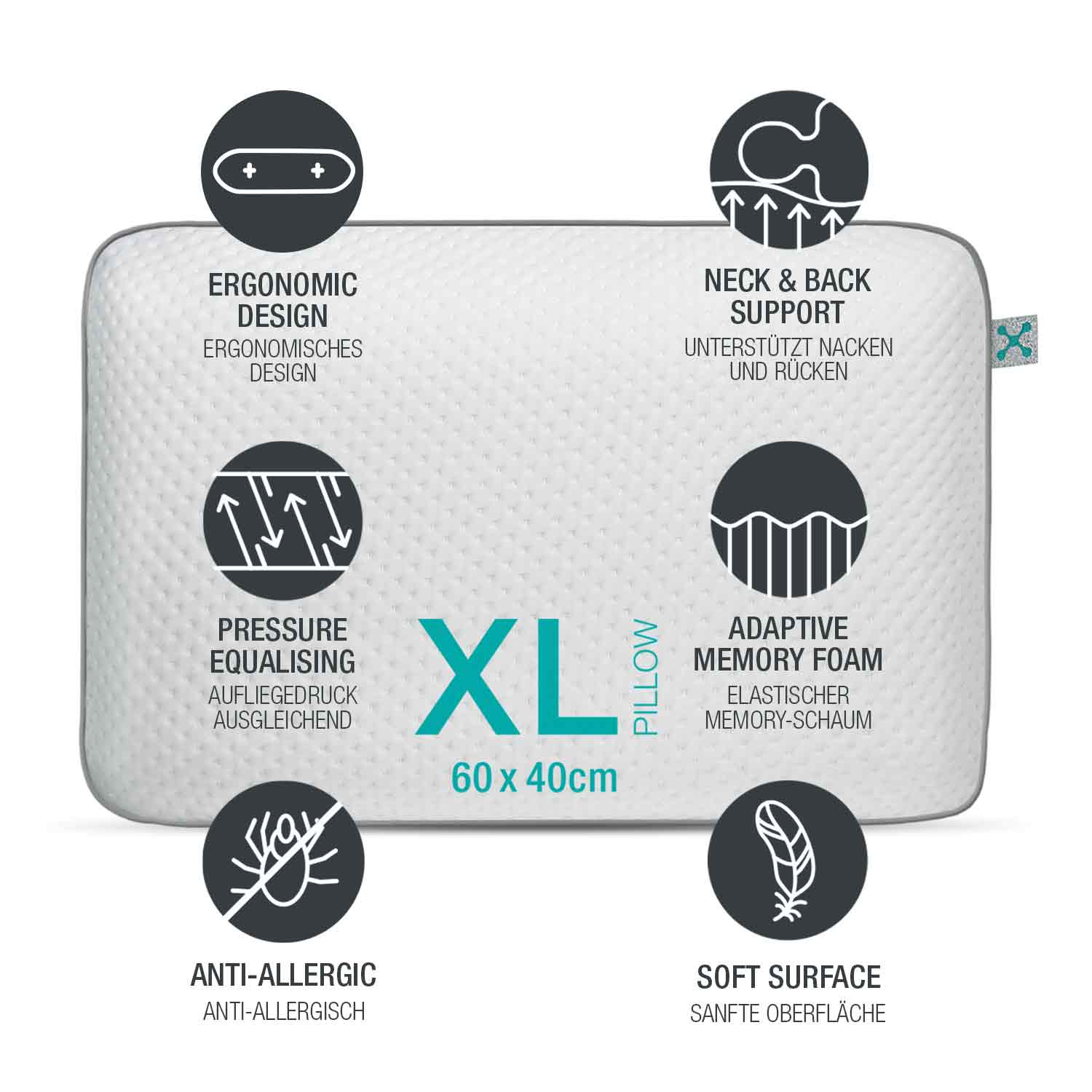 smart® Comfort Pillow, großes hohes Kissen aus atmungsaktivem Memory-Schaum für Rückenschläfer und Seitenschläfer mit Stützfunktion für hohen Komfort und erholsamen Schlaf.