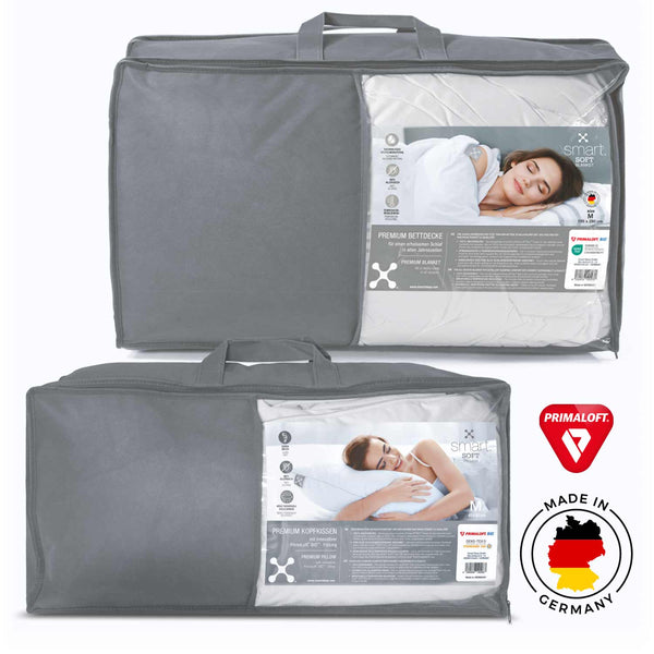 Bettwäsche Set: Ganzjahres-Decke smart® Soft Blanket und ein smart® Soft Pillow Kissen mit PrimaLoft Bio Füllung aus biologisch abbaubaren Recyclingfasern in Größe 40x80cm und 135x200 cm, Made in Germany