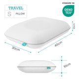 Größe, Höhe, Breite des smart® Travel Pillow, kleines leichtes Reise-Kissen aus atmungsaktivem Memory Schaum für gesunden Schlaf zuhause und unterwegs auf Reisen in Auto, Flugzeug, Bus und Bahn.
