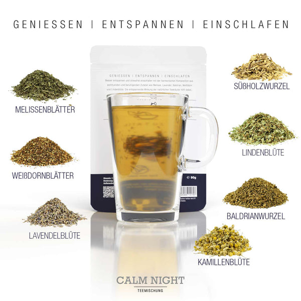 Zutaten der Calm Night Teemischung, Schlaf-Tee zum Entspannen und Einschlafen mit Kräutern und Blüten von Lavendel, Baldrian, Melisse, Kamille, Lindenblüte, Weißdorn und Süßholz