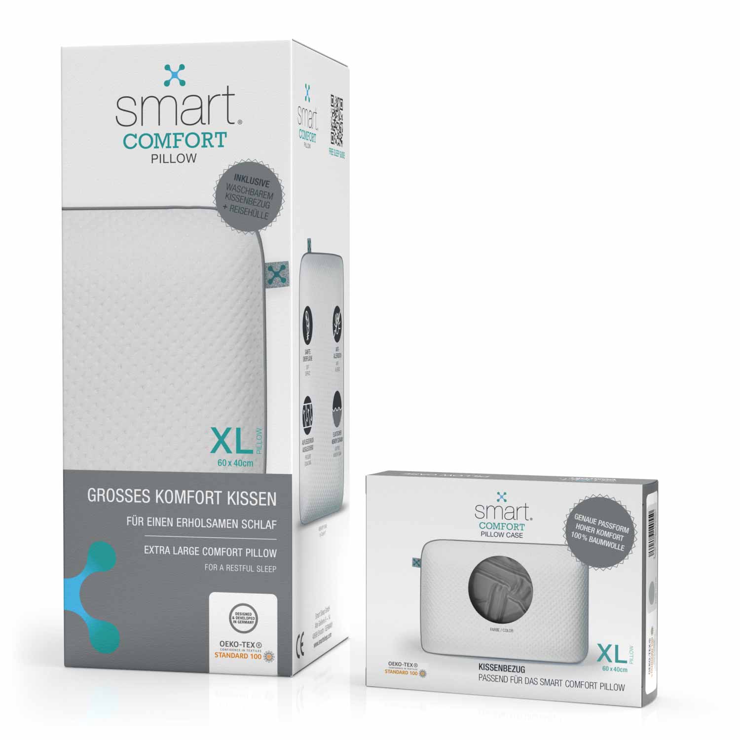 Ein smart® Comfort Pillow Kopfkissen und ein passgenauer Kissenbezug smart® Comfort Pillow Case zum Wechseln in der Farbe Grau im Set zum Vorteilspreis.