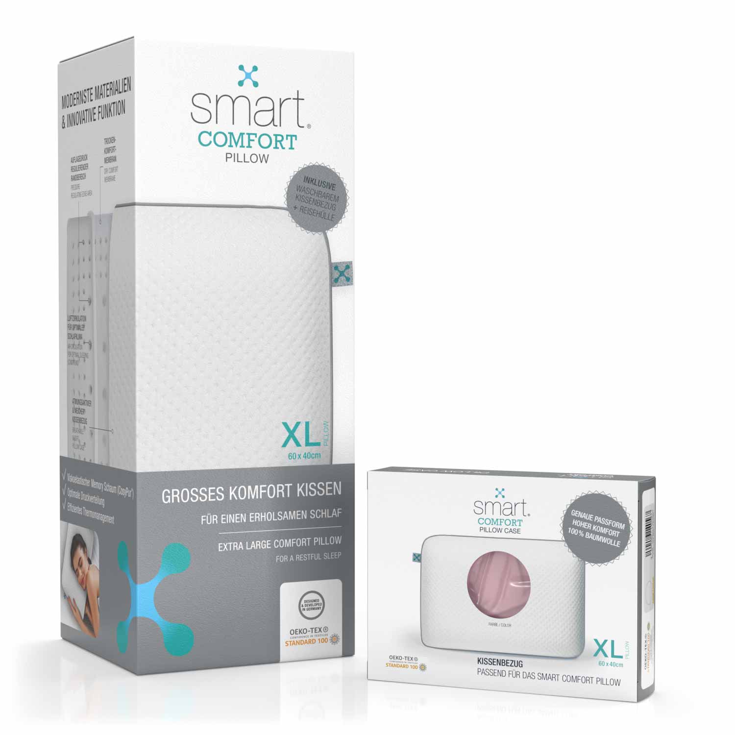 Ein smart® Comfort Pillow Kopfkissen und ein passgenauer Kissenbezug smart® Comfort Pillow Case zum Wechseln in der Farbe Rose im Set zum Vorteilspreis.