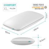 Größe, Höhe, Breite des smart® Comfort Pillow, großes hohes Kissen aus atmungsaktivem Memory-Schaum für Rückenschläfer und Seitenschläfer mit Stützfunktion für hohen Komfort und erholsamen Schlaf.