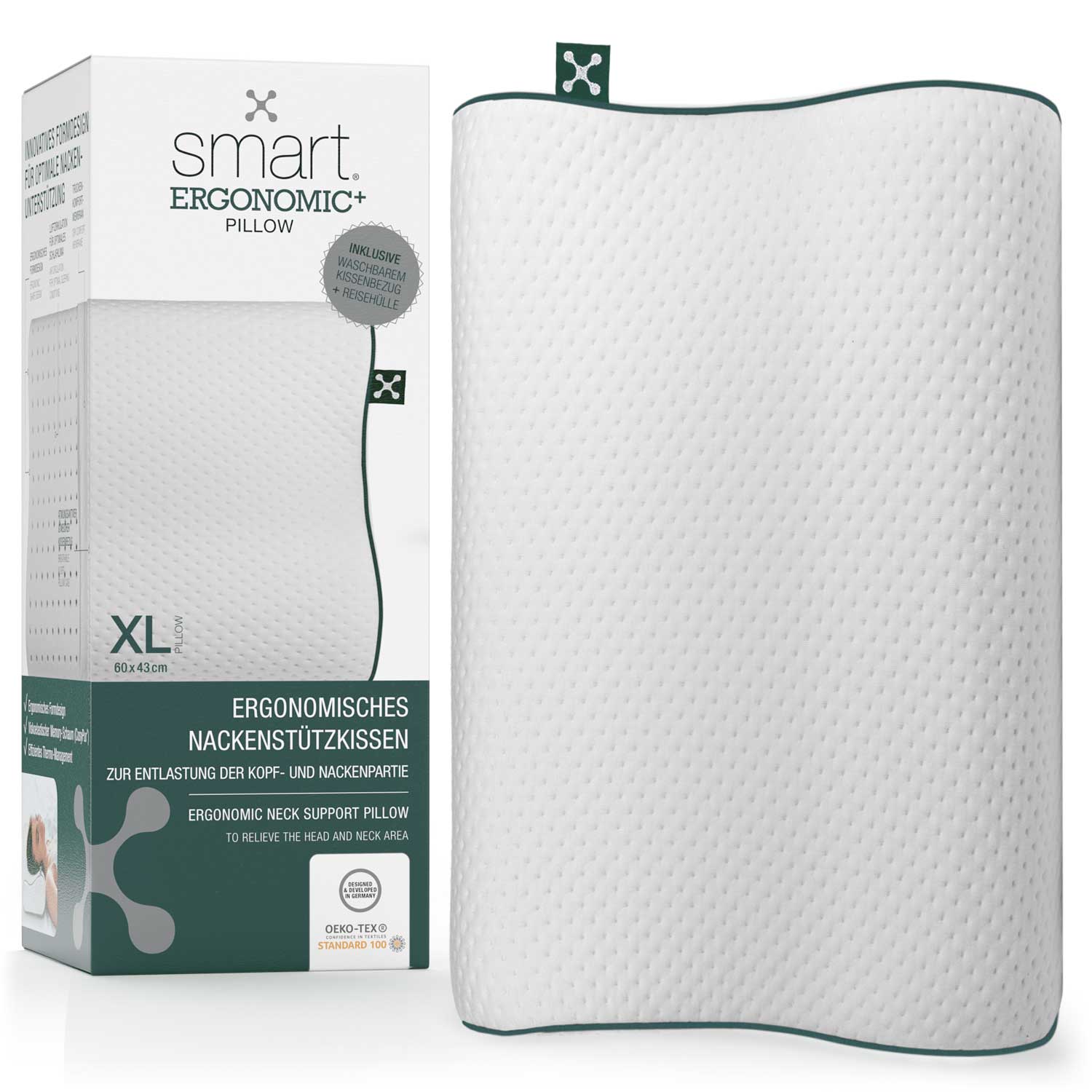 Großes ergonomisches Nackenstütz-Kissen aus Memory Schaum für Rückenschläfer und Seitenschläfer, entlastet die Halswirbelsäule, Kopf und Nacken für gesunden Schlaf.