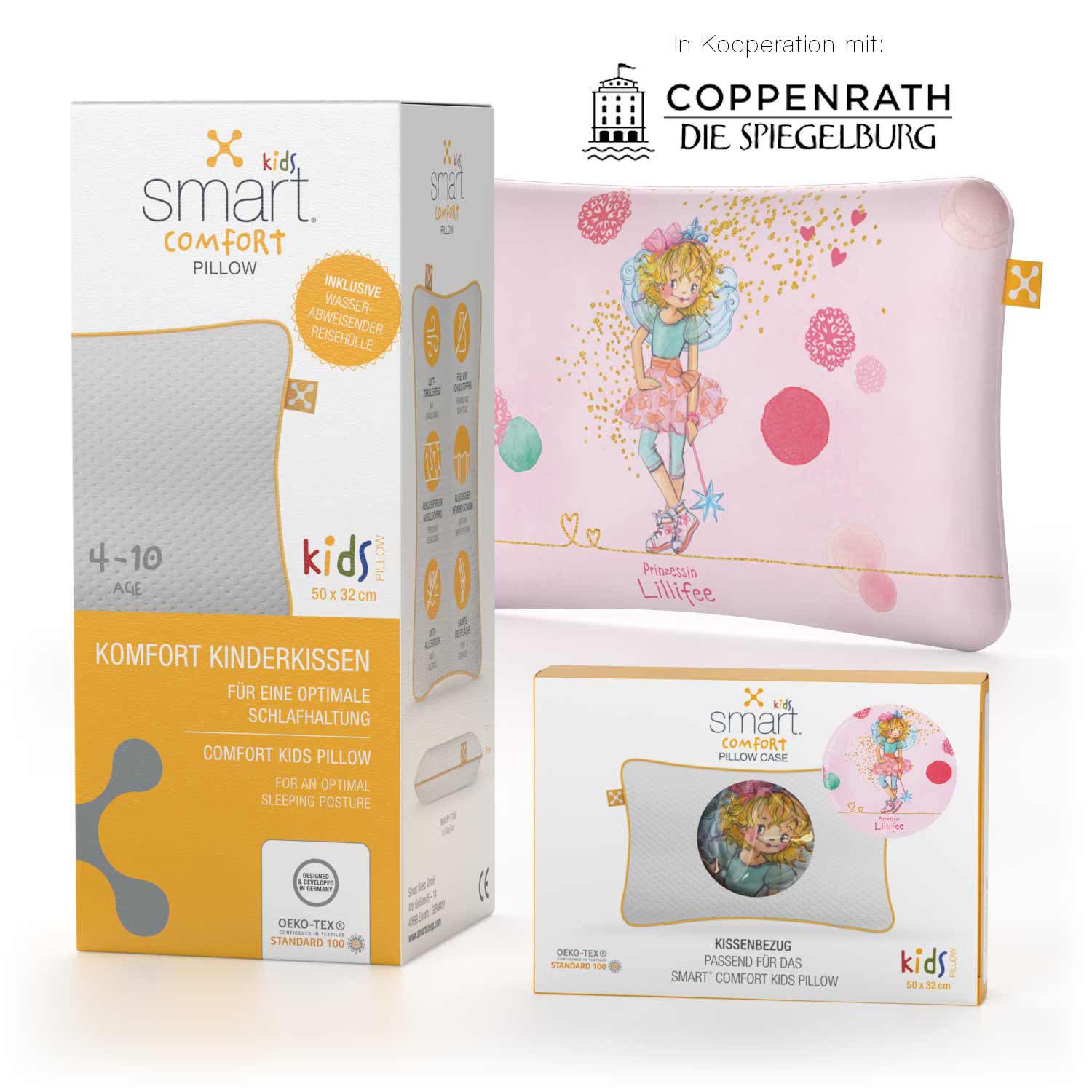 Ein smart® Kids Comfort Pillow Kopfkissen für Kinder und ein passgenauer Kissenbezug smart® Comfort Pillow Case zum Wechseln in der Farbe Motiv Prinzessin Lillifee im Set zum Vorteilspreis.