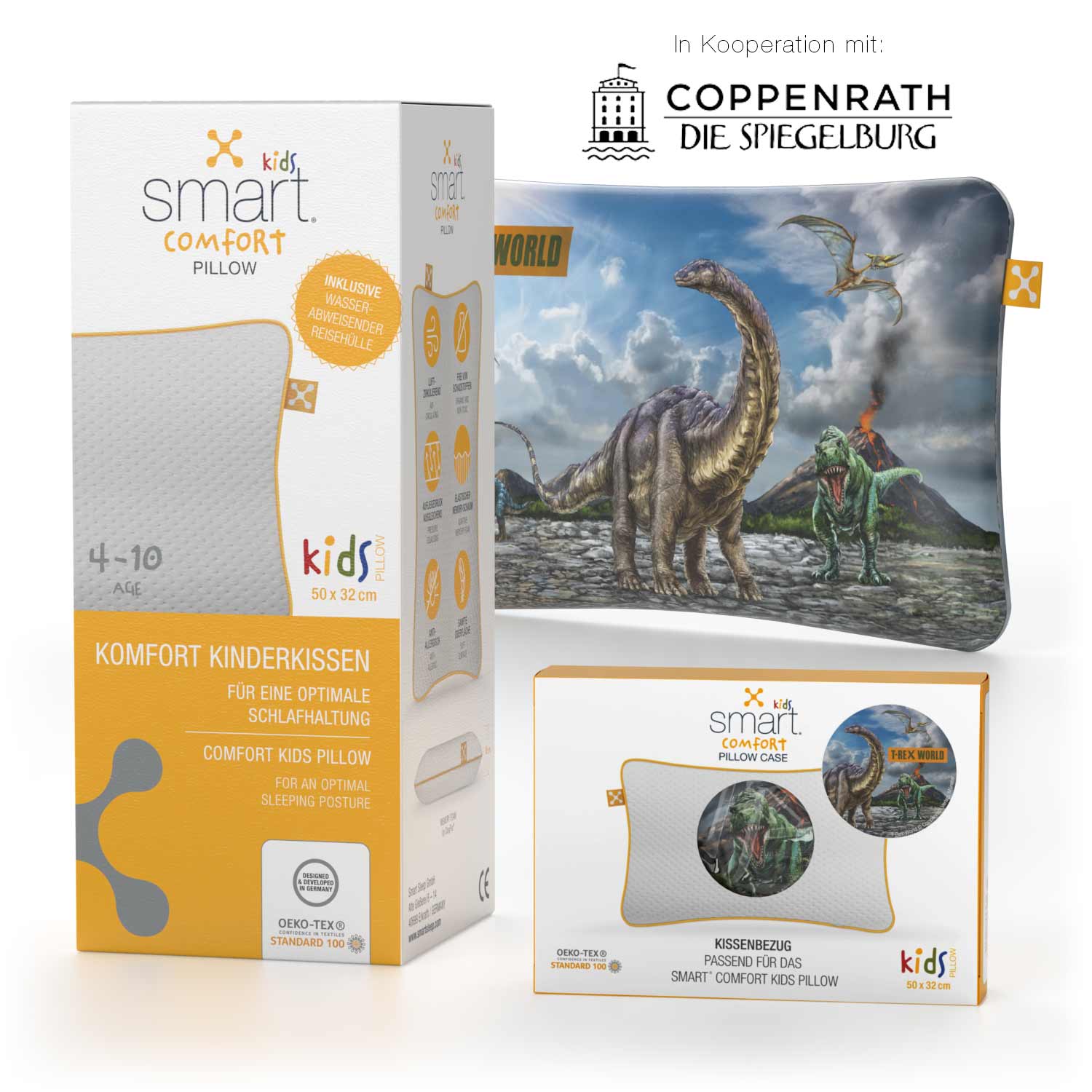 Ein smart® Kids Comfort Pillow Kopfkissen für Kinder und ein passgenauer Kissenbezug smart® Comfort Pillow Case zum Wechseln in der Farbe Motiv T-Rex-World im Set zum Vorteilspreis.