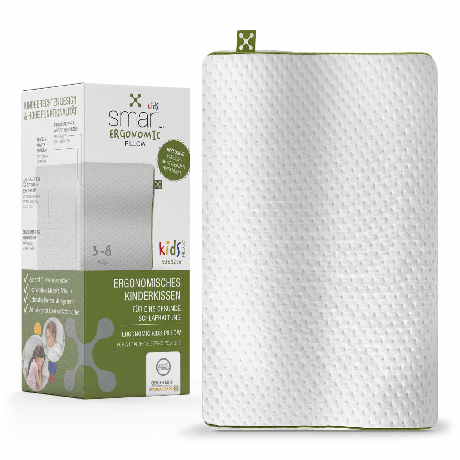 smart® Kids Ergonomic Pillow, ergonomisches Nackenstütz Kissen aus Memory Schaum für Kinder mit Nackenwelle für die Halswirbelsäule HSW und gesunden Schlaf in der Entwicklung inklusive Reisehülle zum Mitnehmen