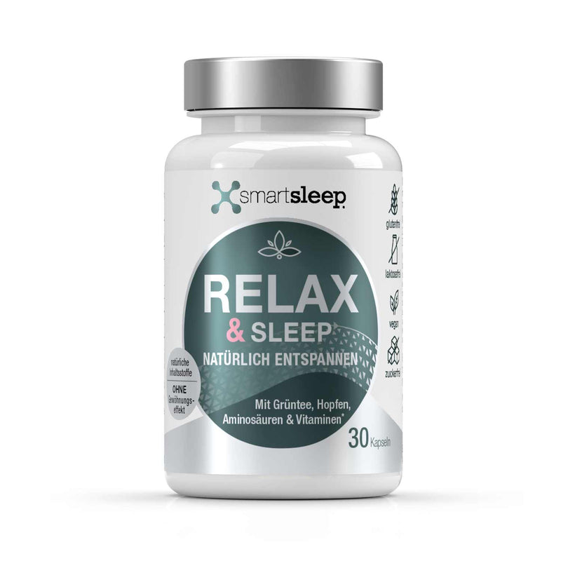 smartsleep® RELAX AND SLEEP Entspannungskapseln, Nährstoffkapseln zur Unterstützung der Entspannung vor dem Schlaf mit natürlich wirkenden Inhaltsstoffen wie Hopfen, Grüntee, Lavendelblüte, L-Tryptophan, Glycin, Magnesium, für innere Ruhe und einen erholsamen Schlaf.